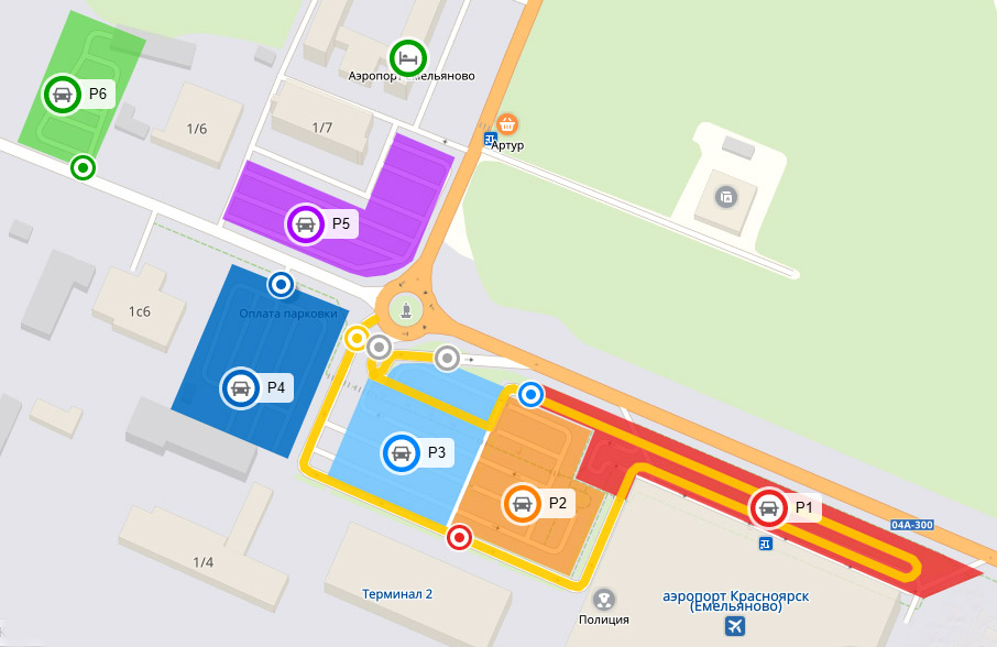 Схема автомобильных парковок на привокзальной площади аэропорта Красноярск - Емельяново